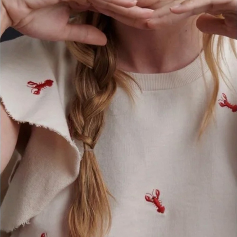 NWT Anthropologie Lobster Sleeveless Ruffle Beige Sweatshirt Size Large - Picture 3 of 6